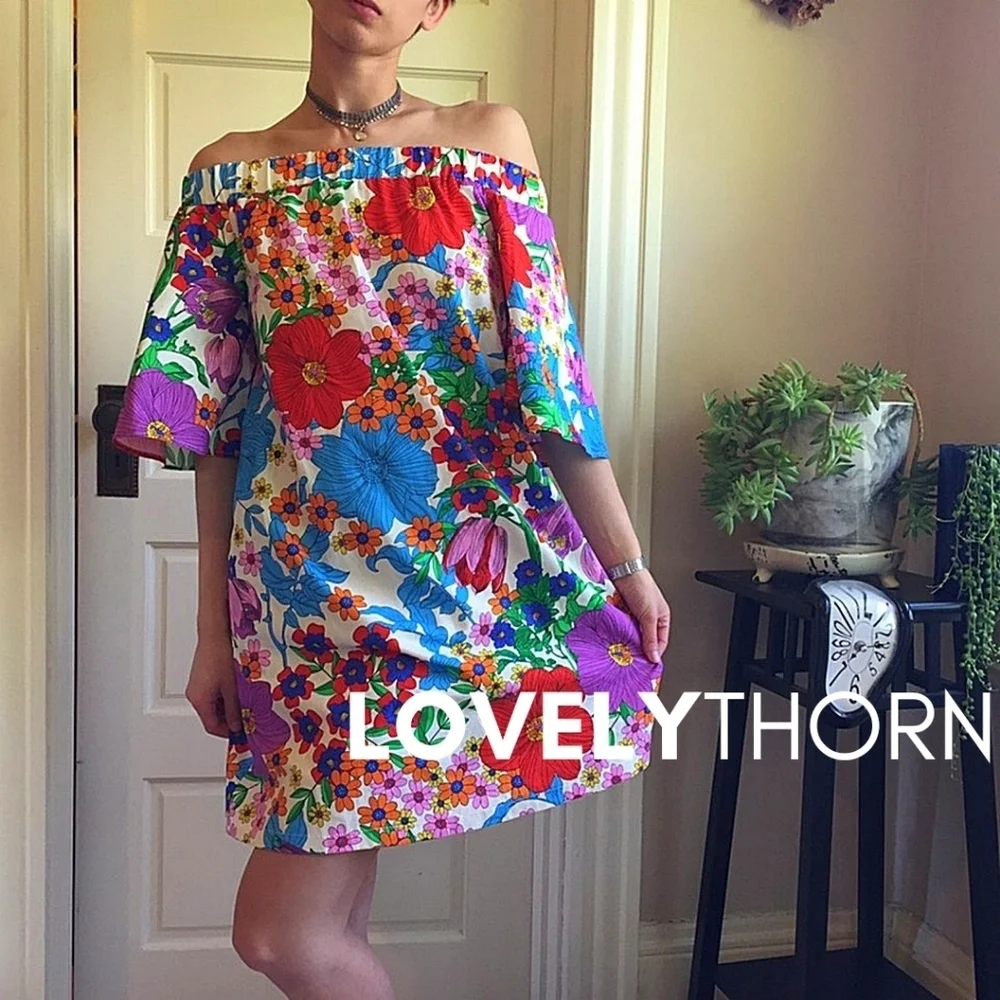 H&M // retro floral printed off-the-shoulder mini dress with pockets - Picture 10 of 12
